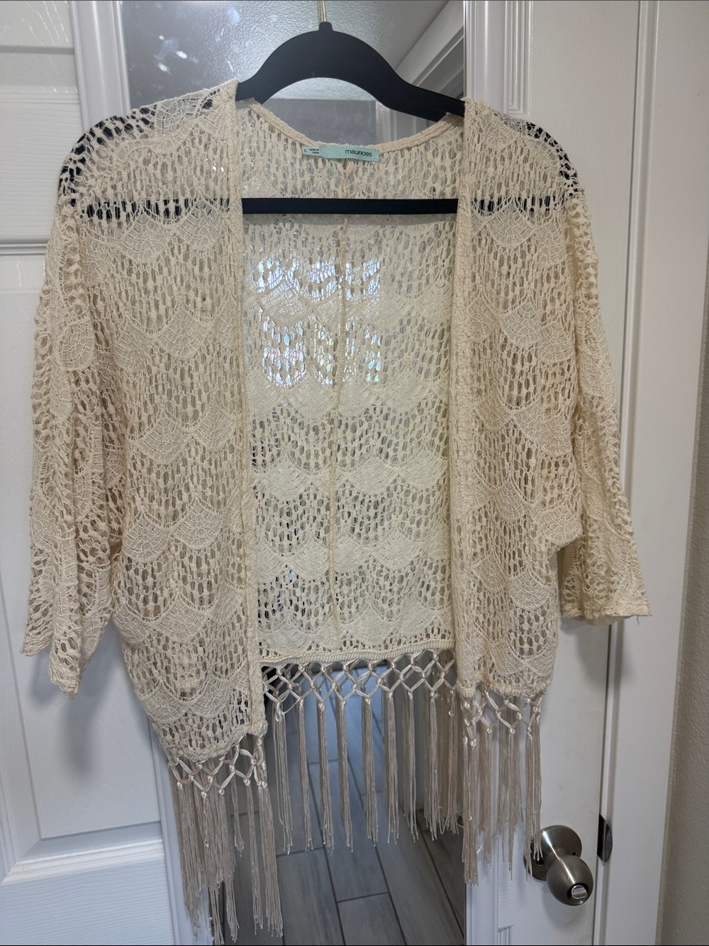 Maurices Cream Crochet Fringe Kimono Cardigan